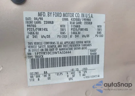 1998 Ford Ranger Splash/Xl/Xlt from USA, damaged, VIN 1FTYR10C2WTA53444